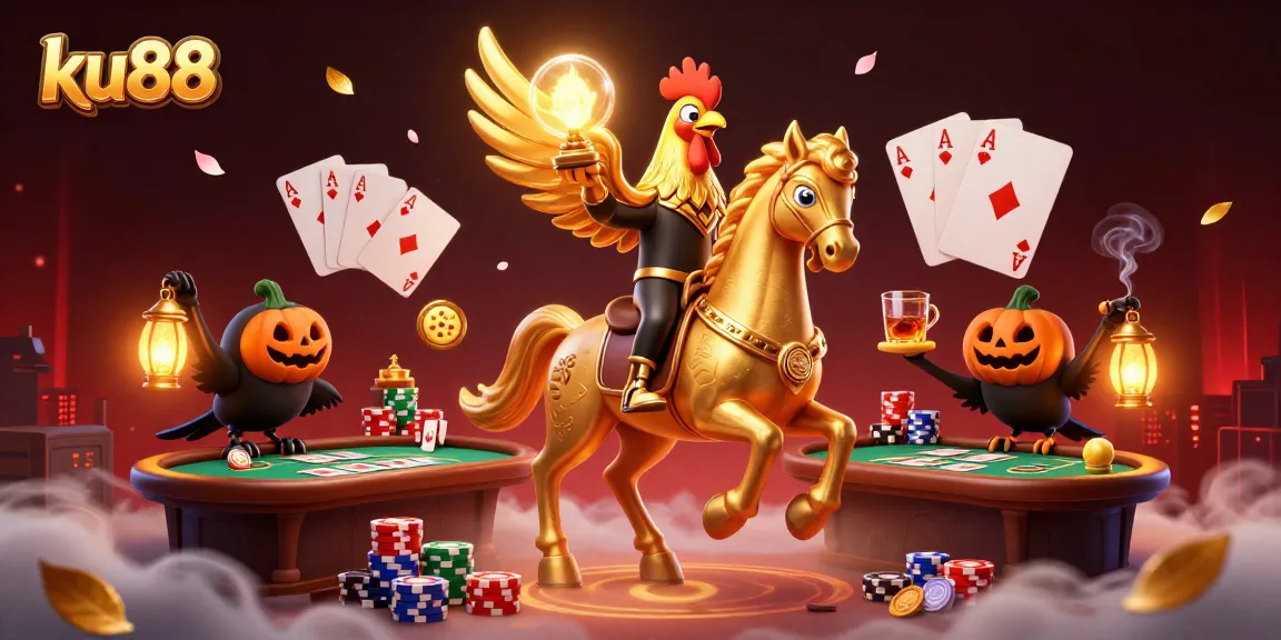 Join the excitement at ku88 with a vivid 3D scene of casino gambling and festive characters.
