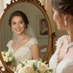 Bridal elegance showcasing wedding jewellery Zurich with sparkling earrings and necklace for a beautiful bride.