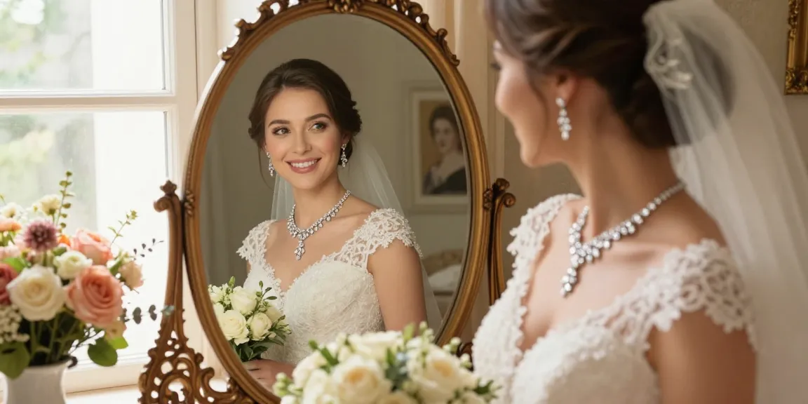 Bridal elegance showcasing wedding jewellery Zurich with sparkling earrings and necklace for a beautiful bride.