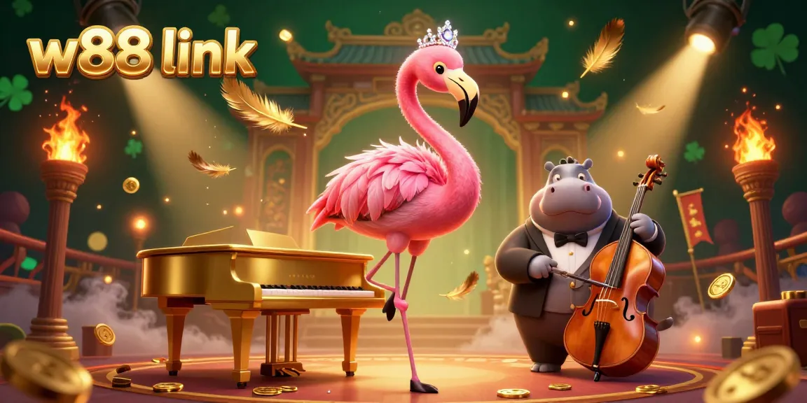 Experience the excitement of w88 link with a colorful casino scene featuring animated characters and vibrant decor.