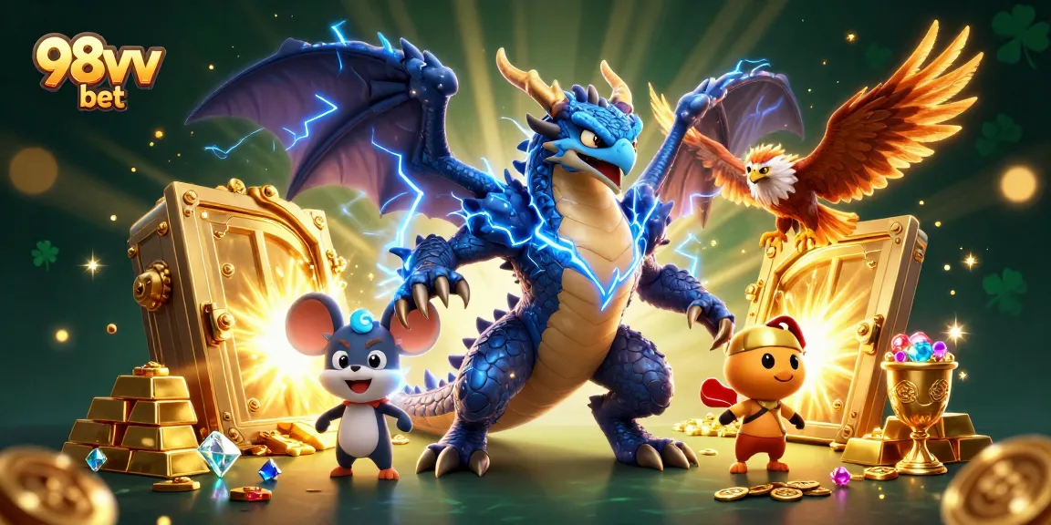 Experience thrilling 98vv bet adventures with powerful dragons and treasure in this vibrant casino scene.