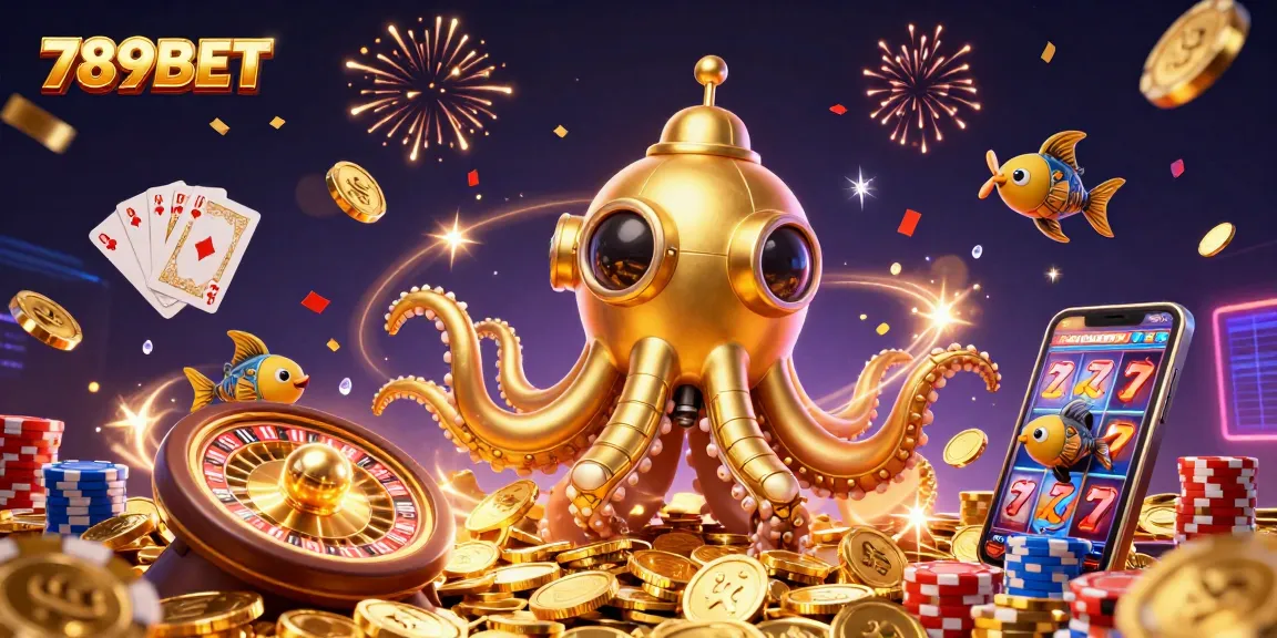 Win big with 789BET in this vibrant casino scene featuring a golden kraken and roulette!