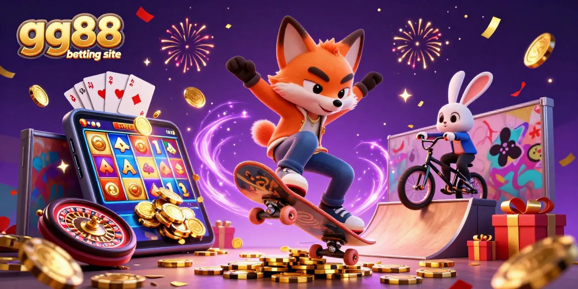 Engaging illustration showcasing gg88 betting site with dynamic characters, vibrant casino elements, and festive atmosphere.