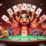 Engage with the vibrant scene of a technology blog-themed casino featuring a cartoon dealer and unique game elements.