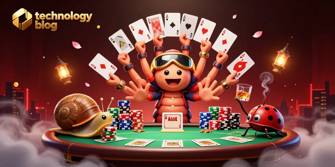 Engage with the vibrant scene of a technology blog-themed casino featuring a cartoon dealer and unique game elements.