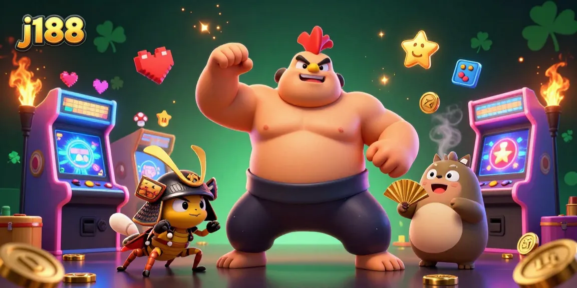 Play j188 with a fierce cricket and powerful rooster in a vibrant gaming scene.