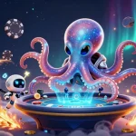 Engage in thrilling poker action with zbet featuring a cartoon octopus and cosmic elements.