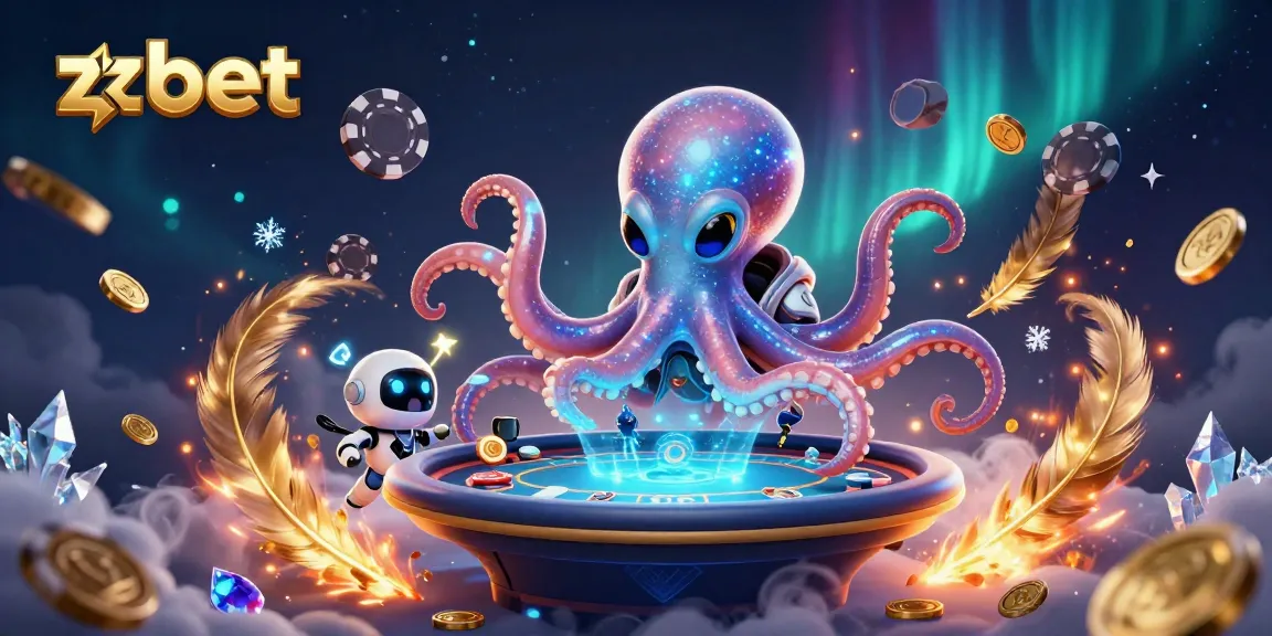 Engage in thrilling poker action with zbet featuring a cartoon octopus and cosmic elements.