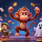 man88 captivates players with a lively 3D cartoon scene featuring a playful poltergeist monkey and a curious puppy in a haunted casino.