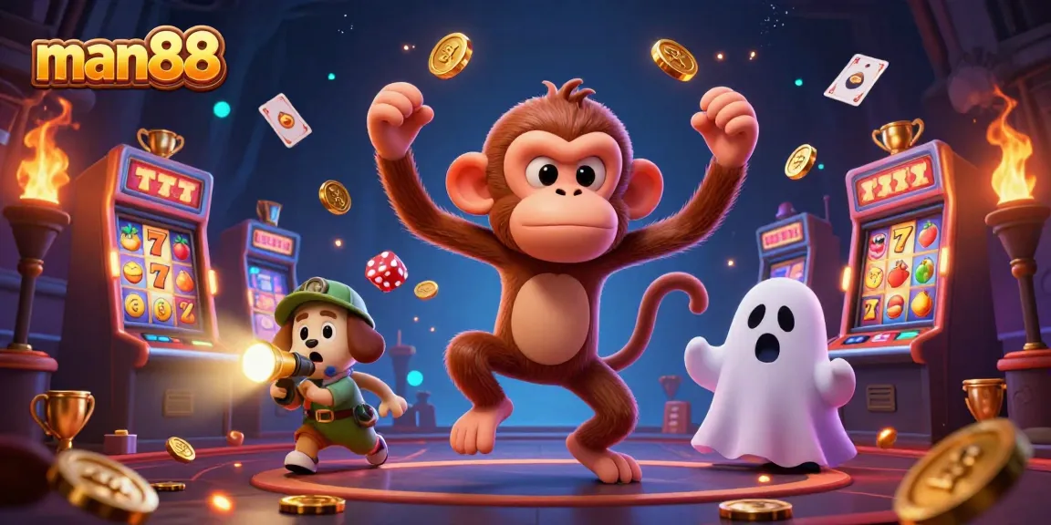 man88 captivates players with a lively 3D cartoon scene featuring a playful poltergeist monkey and a curious puppy in a haunted casino.