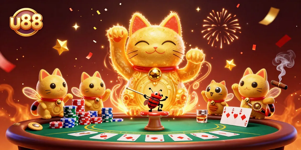Experience thrilling gameplay with u88's vibrant lucky cat and poker symbols in a stunning 3D scene.