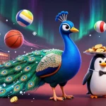 Bet on stellarspins with a vibrant 3D casino scene featuring a peacock and sports elements.