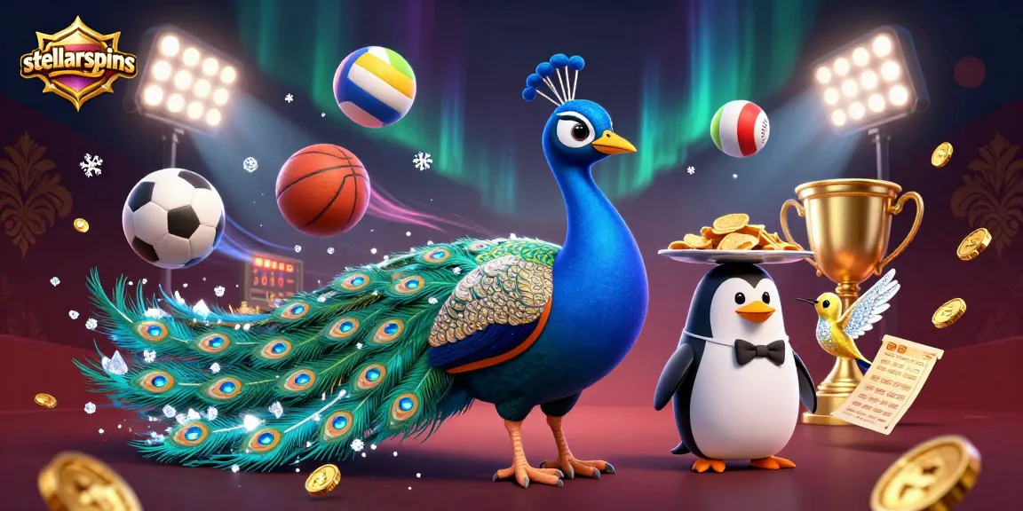 Bet on stellarspins with a vibrant 3D casino scene featuring a peacock and sports elements.